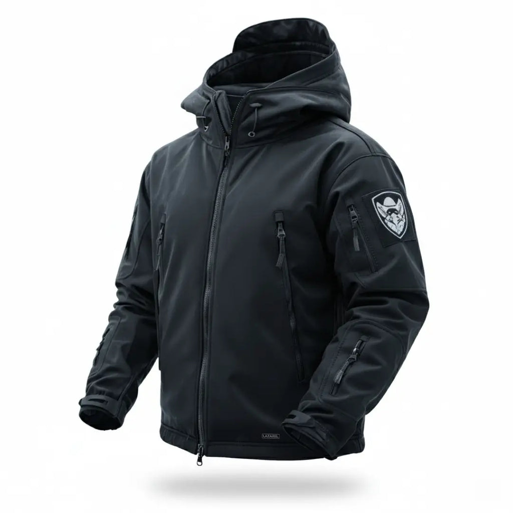 Black tactical jacket with a brand logo on a white background
