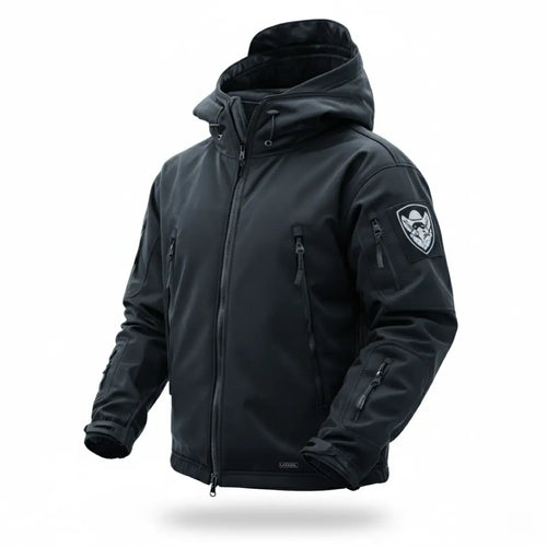 Black tactical jacket with a brand logo on a white background