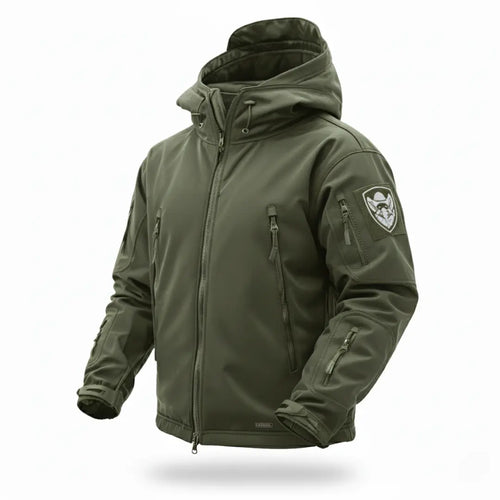 Green tactical jacket with a hood on a white background