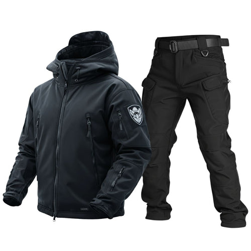 Black tactical jacket and pants set on a white background