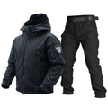 Black tactical jacket and pants set on a white background