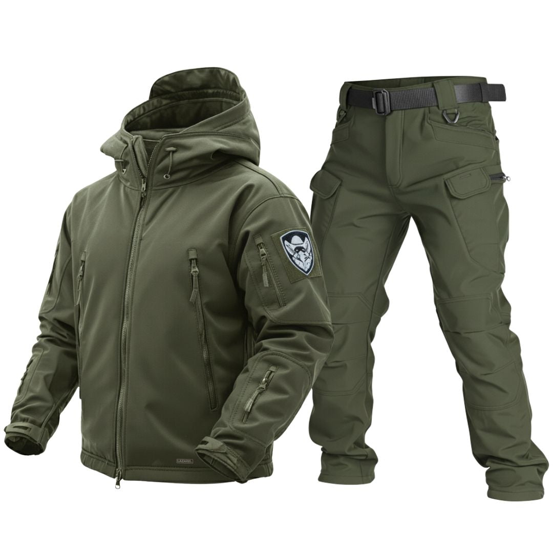 Green tactical jacket and pants set on a white background