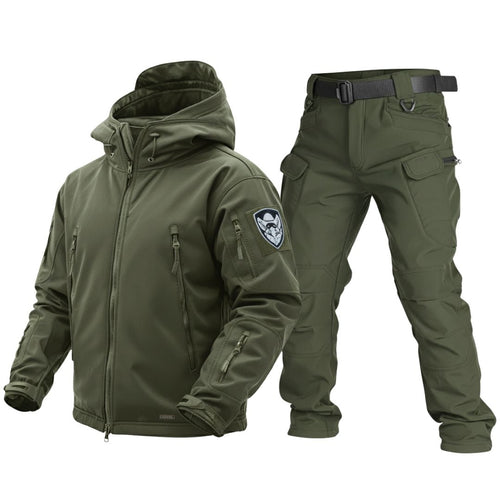 Green tactical jacket and pants set on a white background