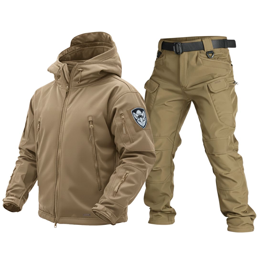 Tan tactical jacket and pants set on a white background
