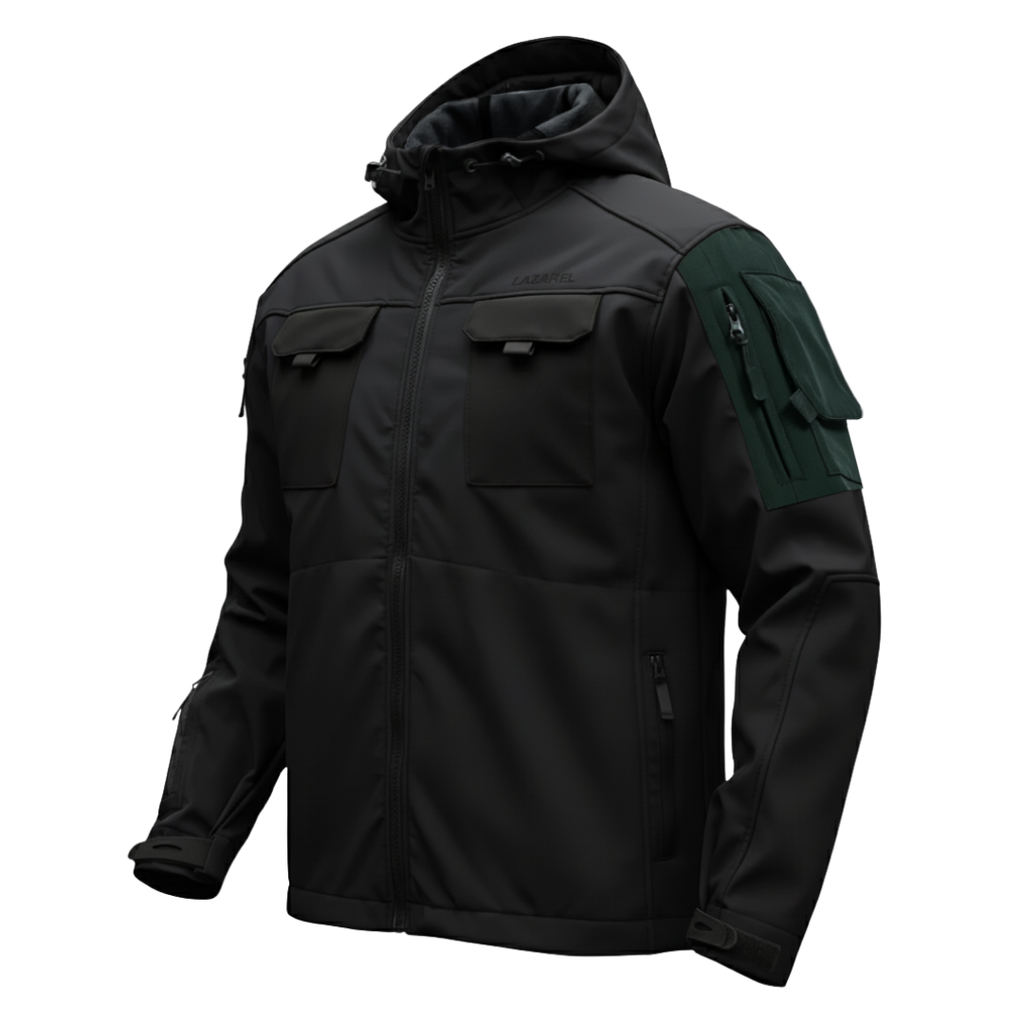 Black tactical jacket with green accents on a white background