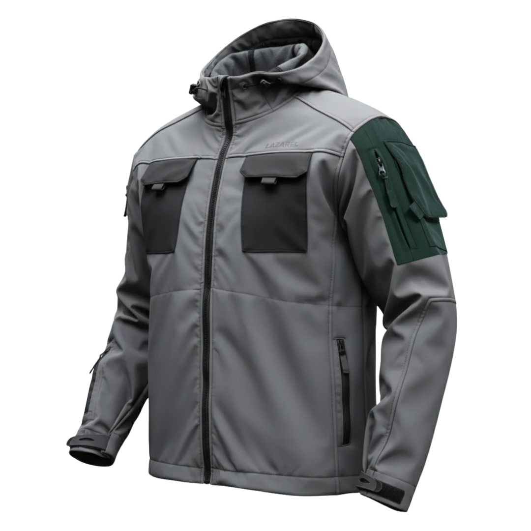 Gray tactical jacket with black and green accents on a white background
